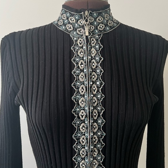 Ribbed zip up long sleeve sweater scallop hem mock neck beaded embellishments * - Picture 2 of 11